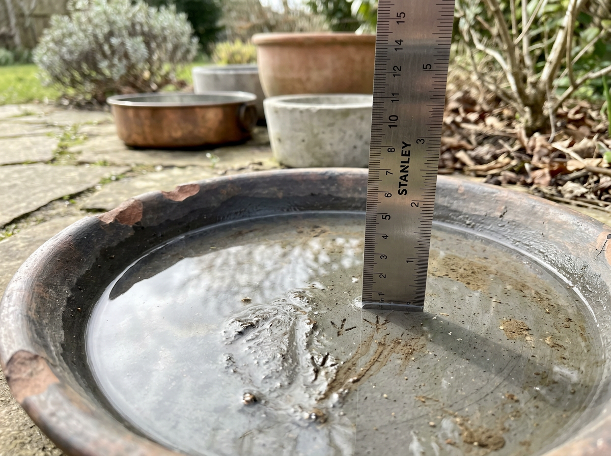 Measuring shallow water depth in a bird bath (about 1–1.5 inches)