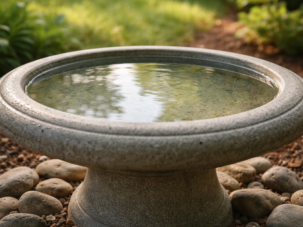 Clean bird bath with fresh water in a bright outdoor yard, slightly wet shine, inviting and mold-free.