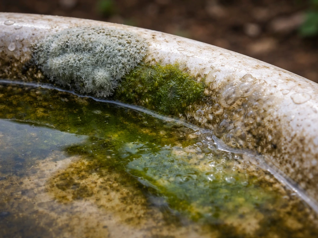 Close-up of bird bath rim showing fuzzy mold, green algae film, and translucent slimy biofilm.