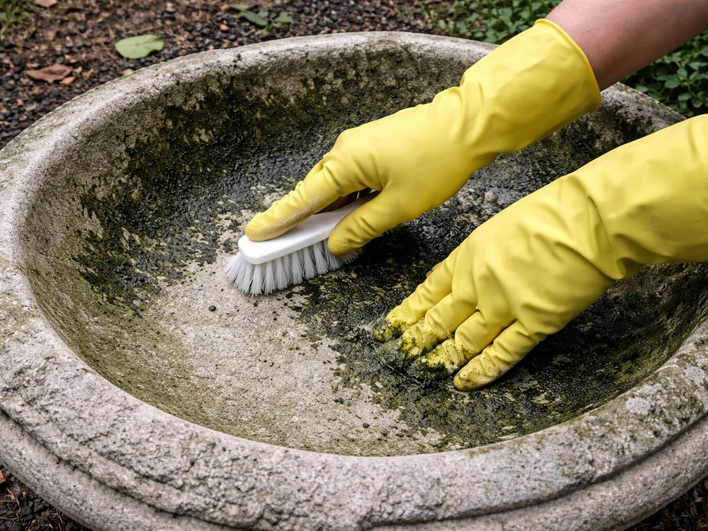 Gloved hands scrubbing mold inside an empty bird bath basin on a simple garden patio.