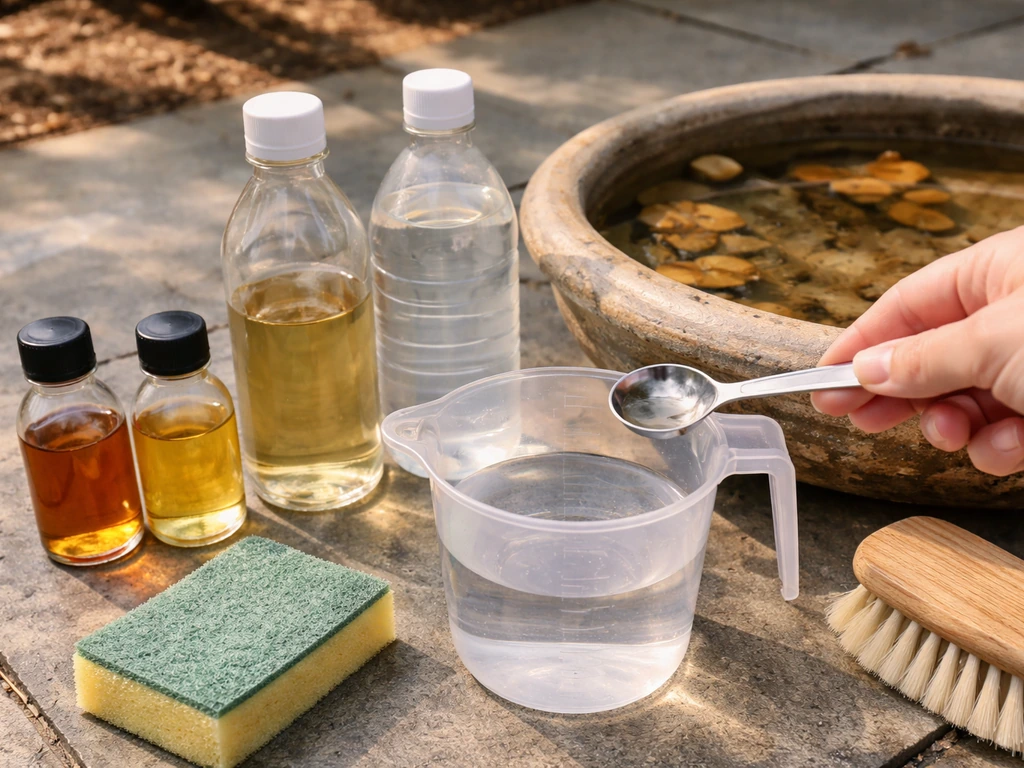 Glass bottles, measuring jug, and spoon beside a bird bath for a diluted white vinegar cleaning mix.