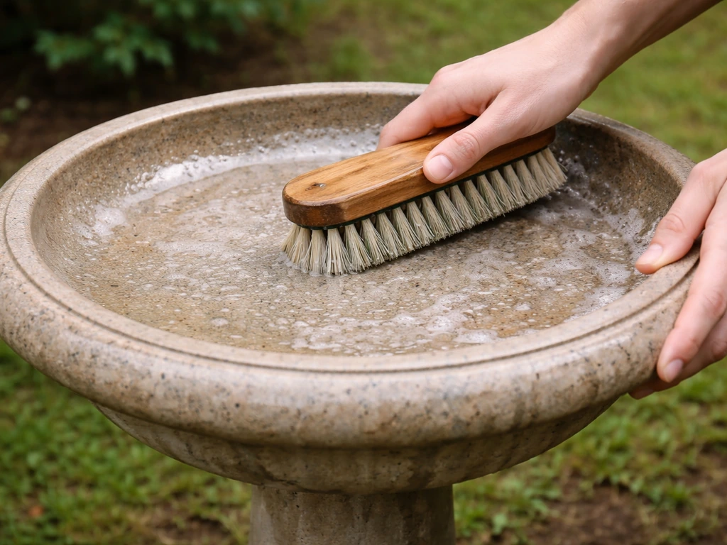 Close view of a stiff brush scrubbing a bird bath basin while vinegar-water solution sits on the surface.