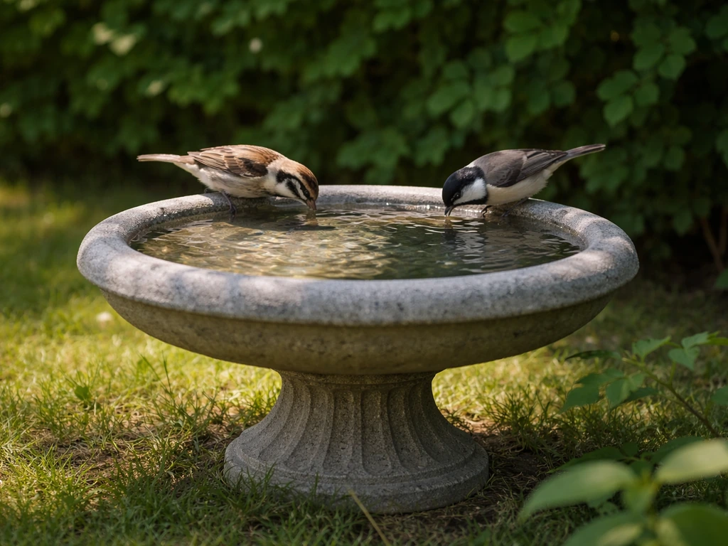 Bird bath in partial shade with birds perched, sunlit water surface looking clean.