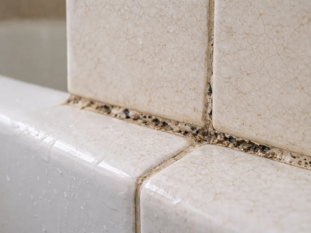 Close-up of cracked, pitted bathroom tile and grout with dark mold residue in pores