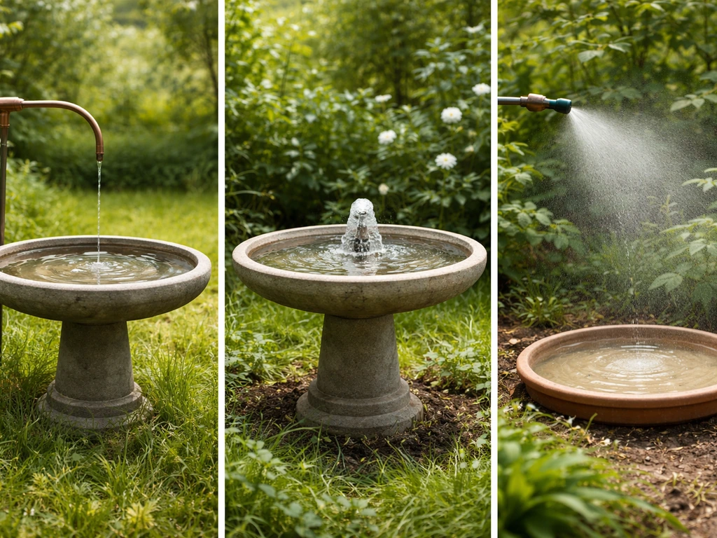 Three side-by-side garden scenes showing a drip bird bath, a recirculating fountain, and a fine misting setup.