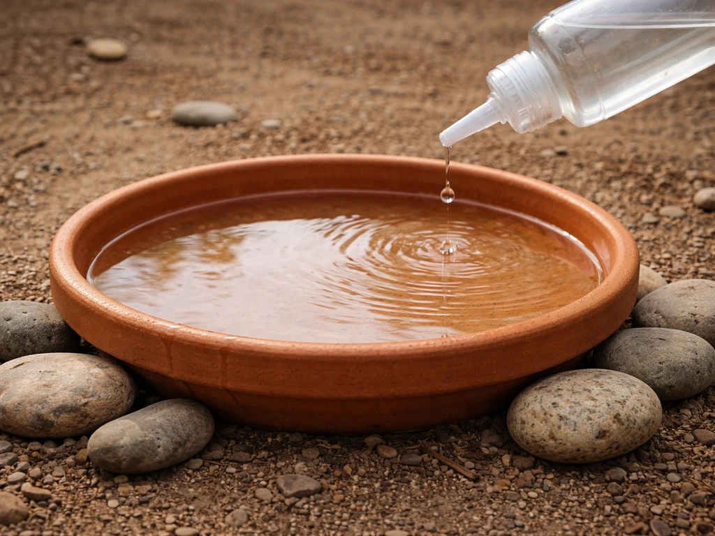 Unglazed terra cotta drip bath basin with a tilted bottle dripping water and stones for footing.