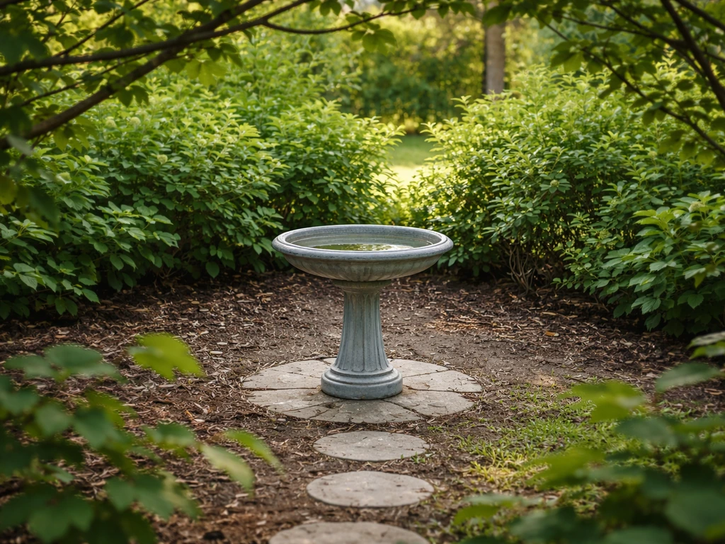 Bird bath on a patio near low shrubs, showing a clear approach path and escape cover