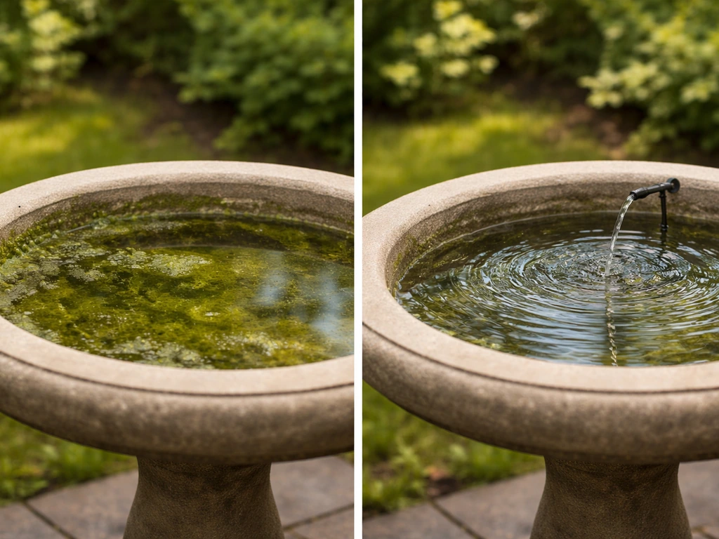 Outdoor bird bath split between algae-clogged still water and clearer water with gentle ripples from a drip/pump