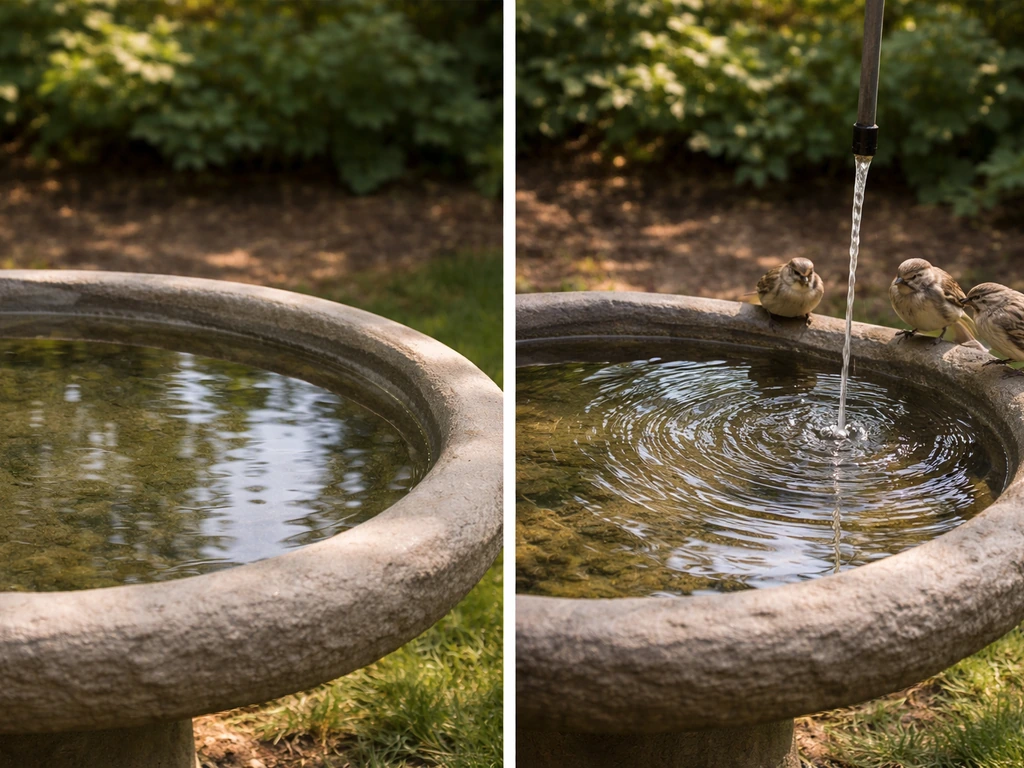 Side-by-side bird bath: still water on one side, gentle dripper splash on the other attracting birds.