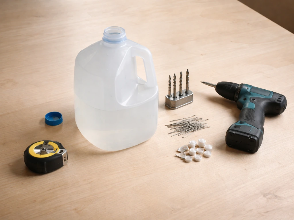 DIY materials laid out: clean gallon jug, measuring tape, small drill bits, pins, and caps on a workbench.