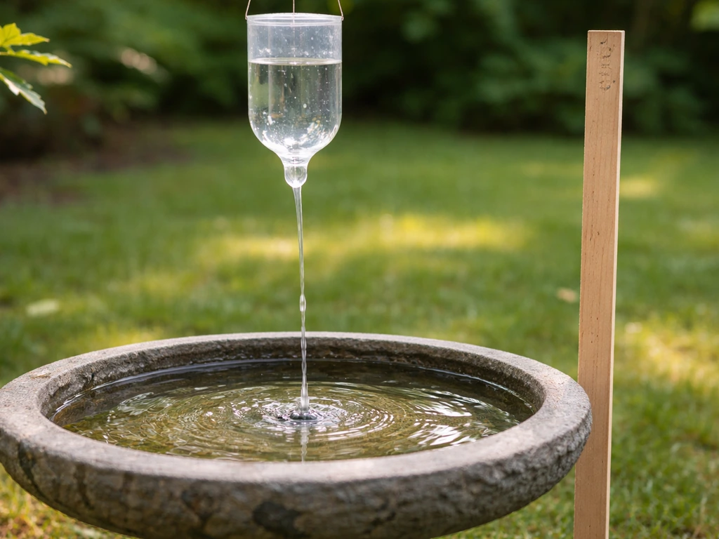 Clear view of a small water drip device hanging above a bird bath, aimed toward the basin center.