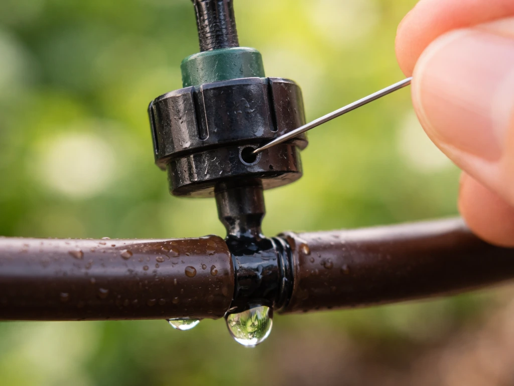Close-up of a gardener’s pin clearing a tiny drip hole and a drip line with a hang-point leak check