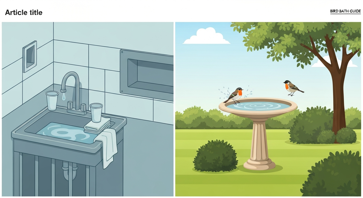 Split illustration: left, a prison-cell sink with cup and washcloth representing a quick sink 'bird bath'; right, a backyard pedestal birdbath with two songbirds splashing.