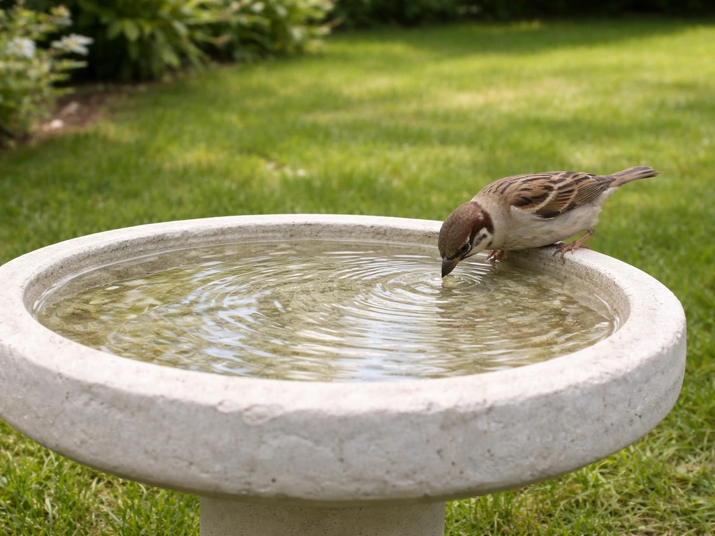 A sparrow perched at a backyard pedestal bird bath, dipping into shallow water.