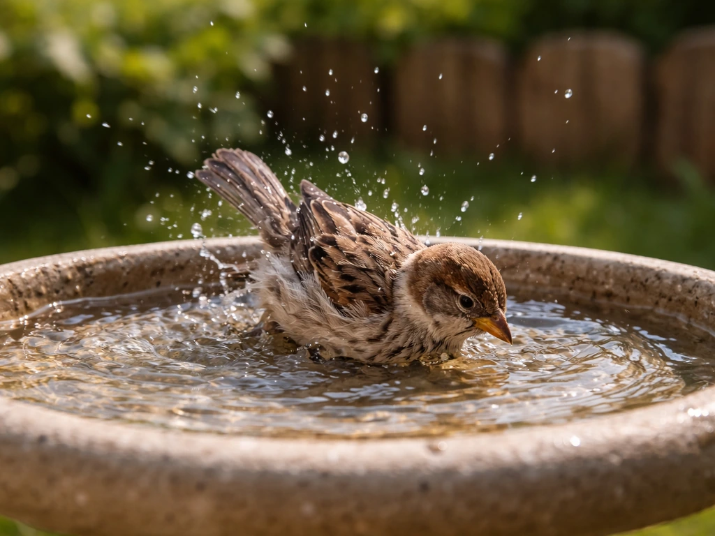 A small backyard songbird flutters and splashes in a shallow bowl of water in early daylight.