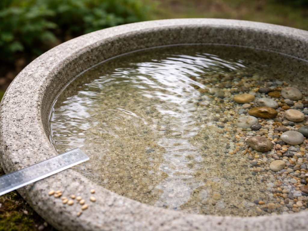 Close-up of a birdbath showing shallow edges and deeper center water depth in a backyard.