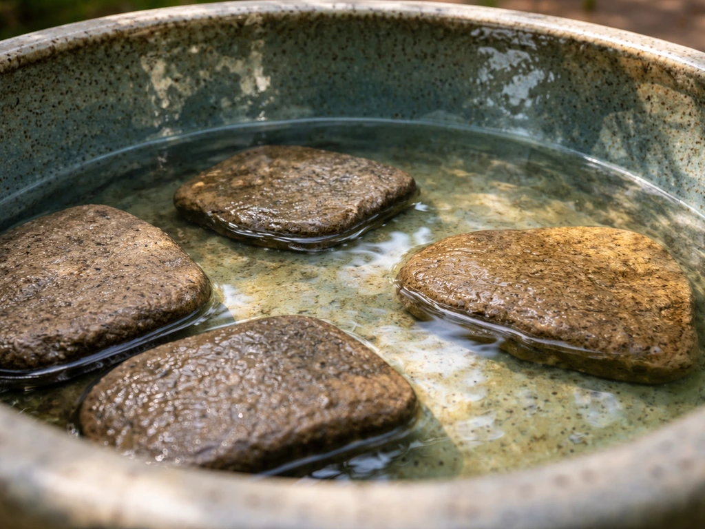 Bird bathing basin with a few flat rough stones on the bottom for stable footing.