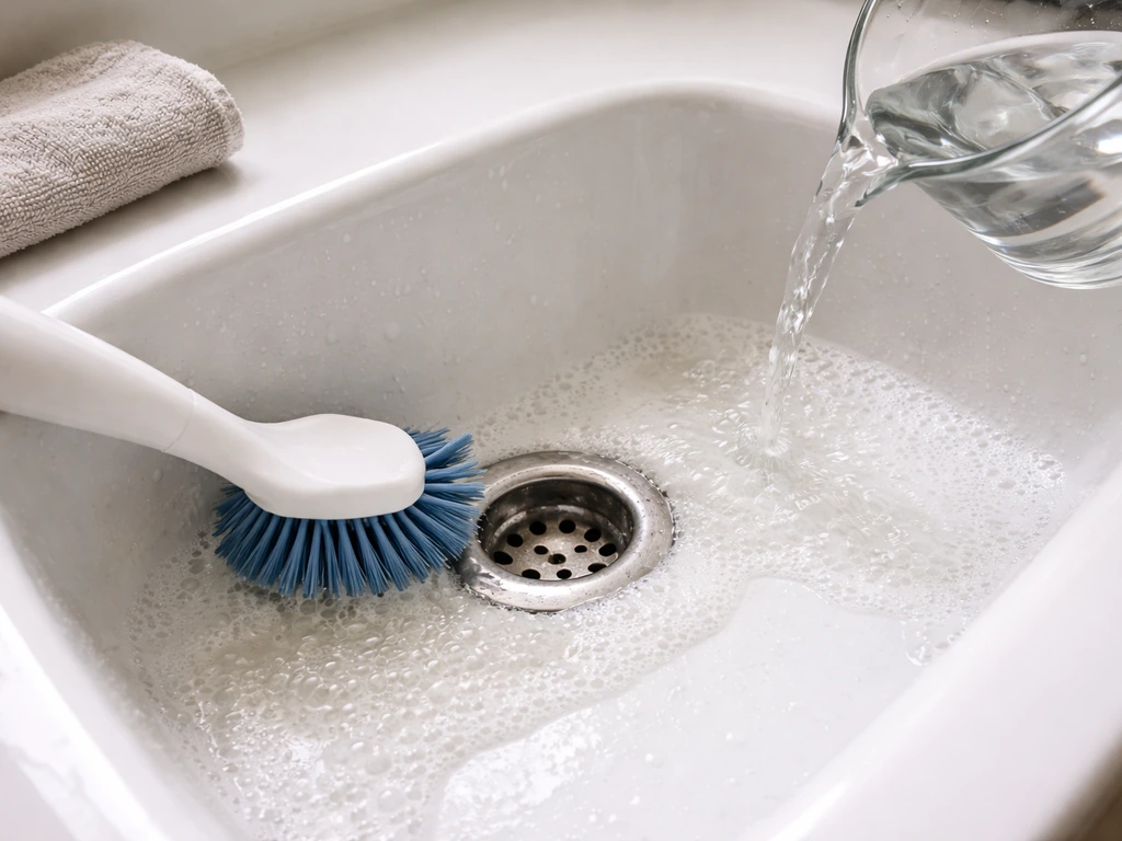 Porcelain bathroom sink being scrubbed with a stiff brush while water/vinegar solution pours in.