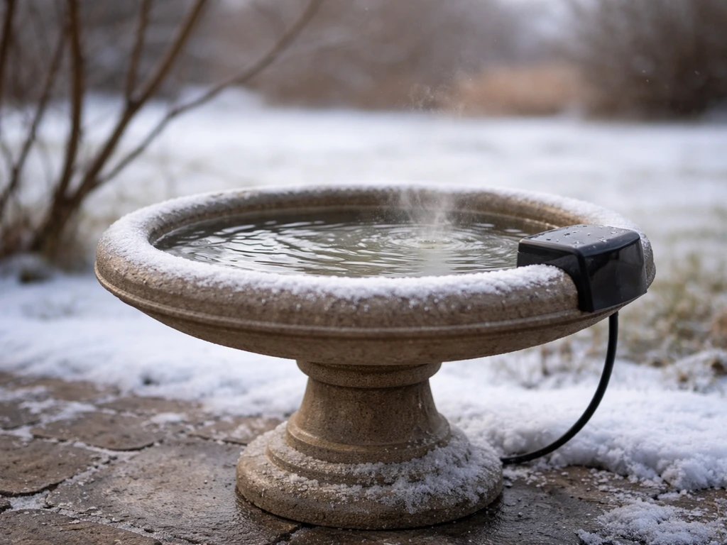 Winter bird bath with a small visible water heater keeping water liquid in freezing cold outdoor yard