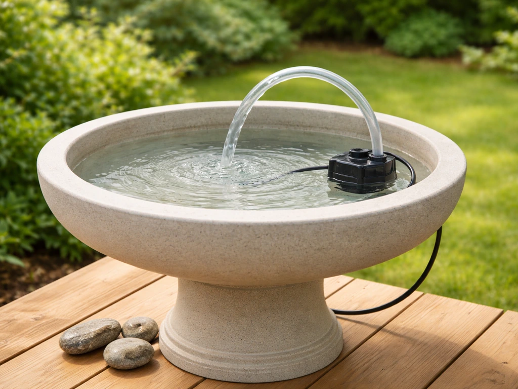 Close-up of a backyard DIY recirculating bird bath with visible pump and clear water flow loop.