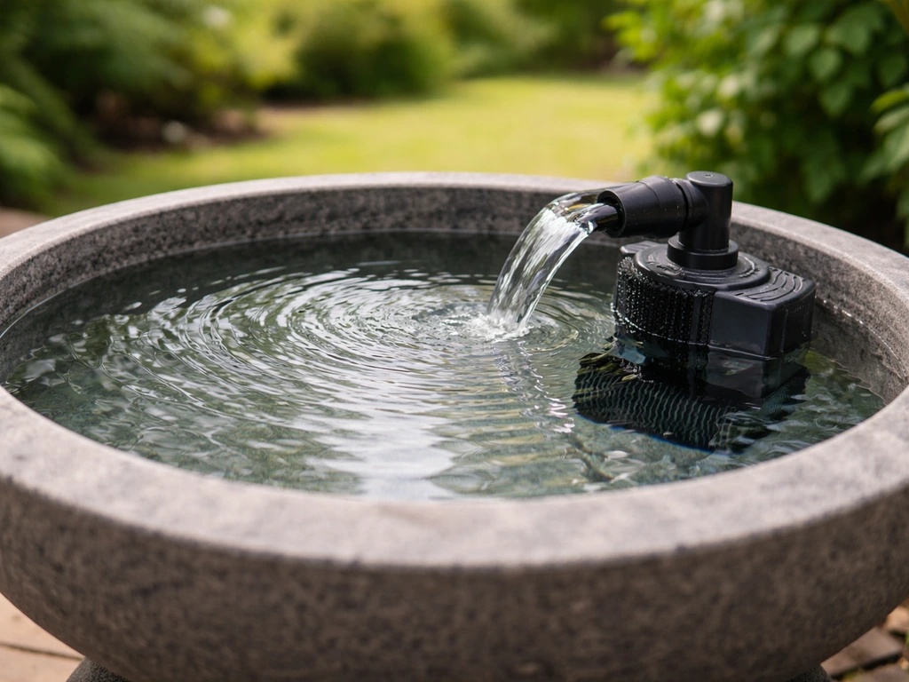 Close-up of a recirculating bird bath with submersible pump, filter piece, and water return flow.