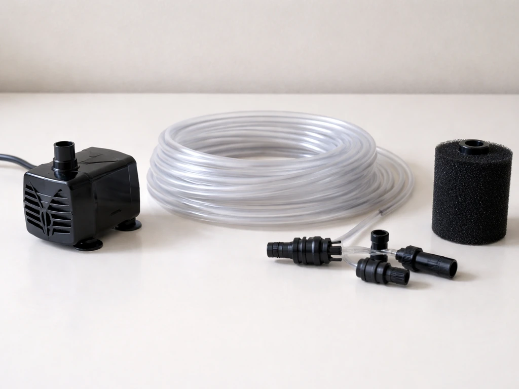 Staged DIY fountain parts on a tabletop: submersible pump, vinyl tubing, fittings, and pre-filter.