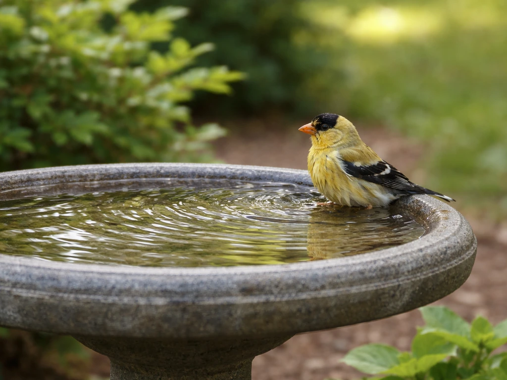 Songbird actively bathing in a shallow backyard bird bath on a pedestal, gentle ripples visible.