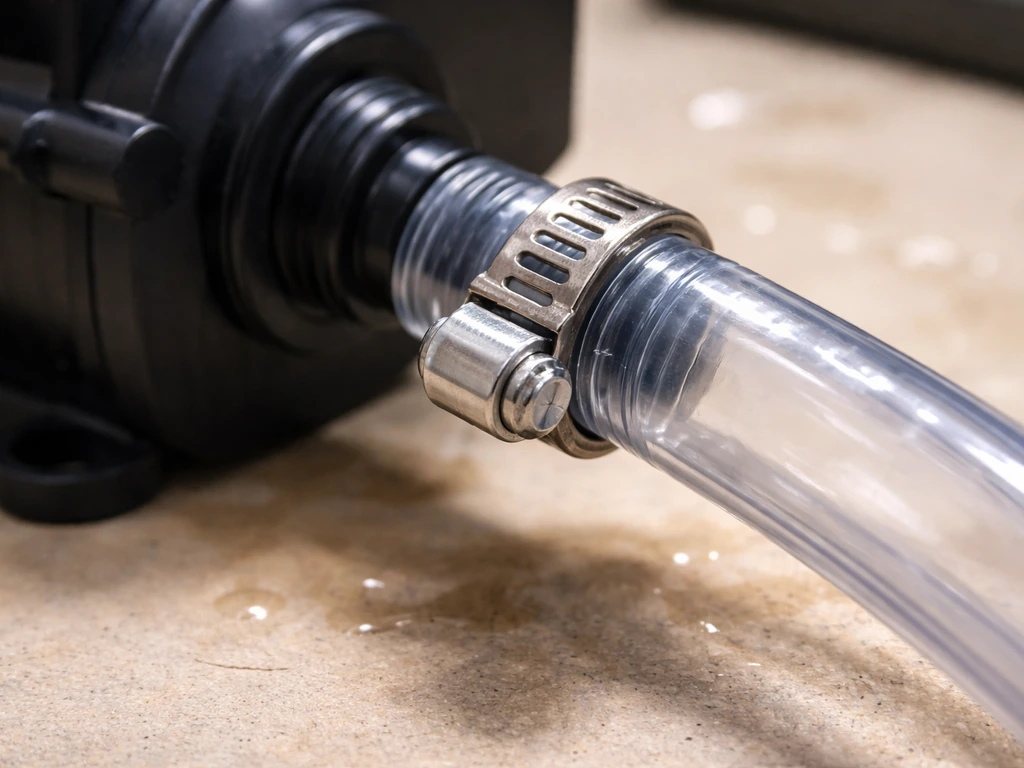 Close-up of vinyl tubing seated on a pump outlet barb with a hose clamp for leak prevention.