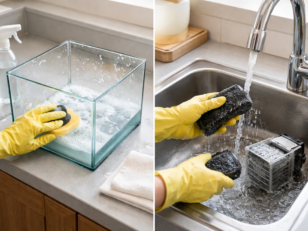 Person scrubbing an aquarium basin with vinegar solution while rinsing a filter pre-filter in a sink
