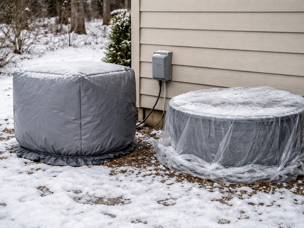 Covered outdoor pump and protected outlet with visible freeze-safe cover near a basin in winter.