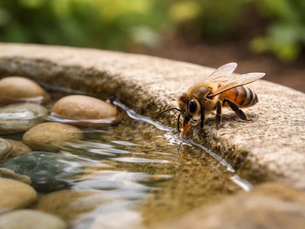 A honeybee drinking from a shallow bird bath landing area with rocks and ramp, safely above water