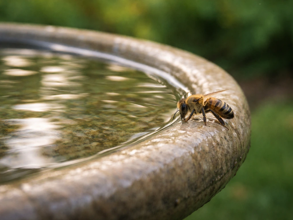 Close-up of a bee at the rim of a smooth, slightly deep bird bath with water reflecting below.