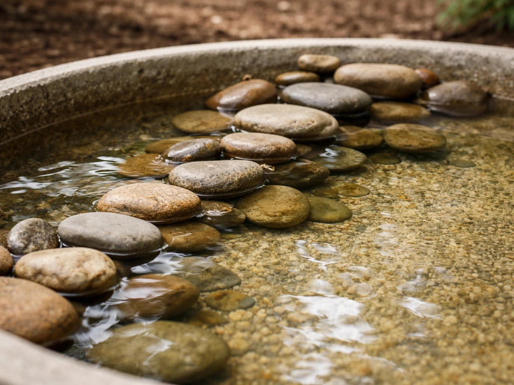 Close-up of small river rocks creating a bee-safe shallow basin with multiple climb-out routes
