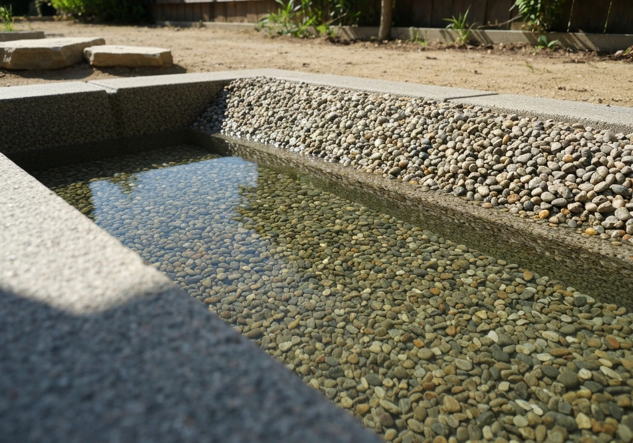Coarse gravel sloped into a shallow drinking beach inside a basin