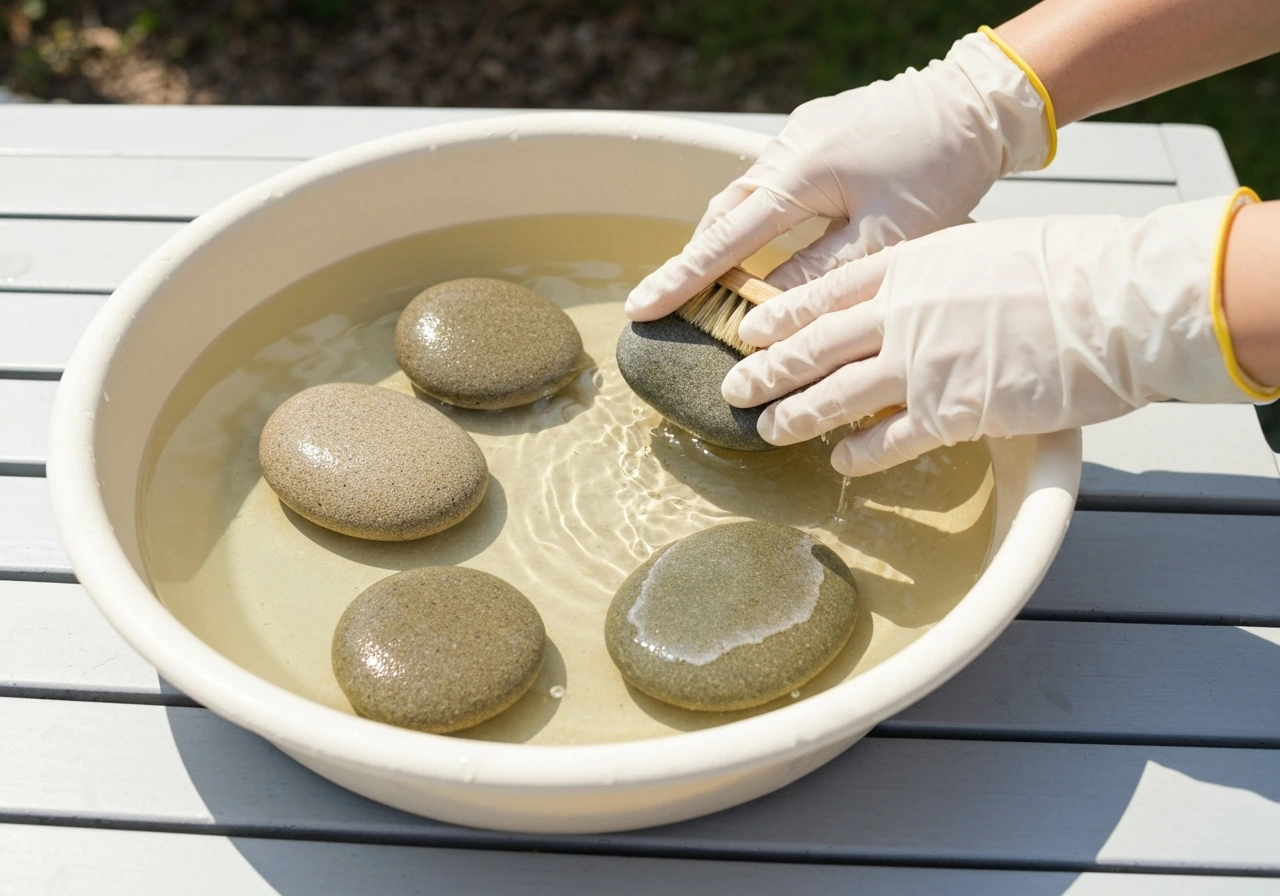 Close-up of a scrubbed basin with algae-free rocks, showing grippy texture vs slippery surface