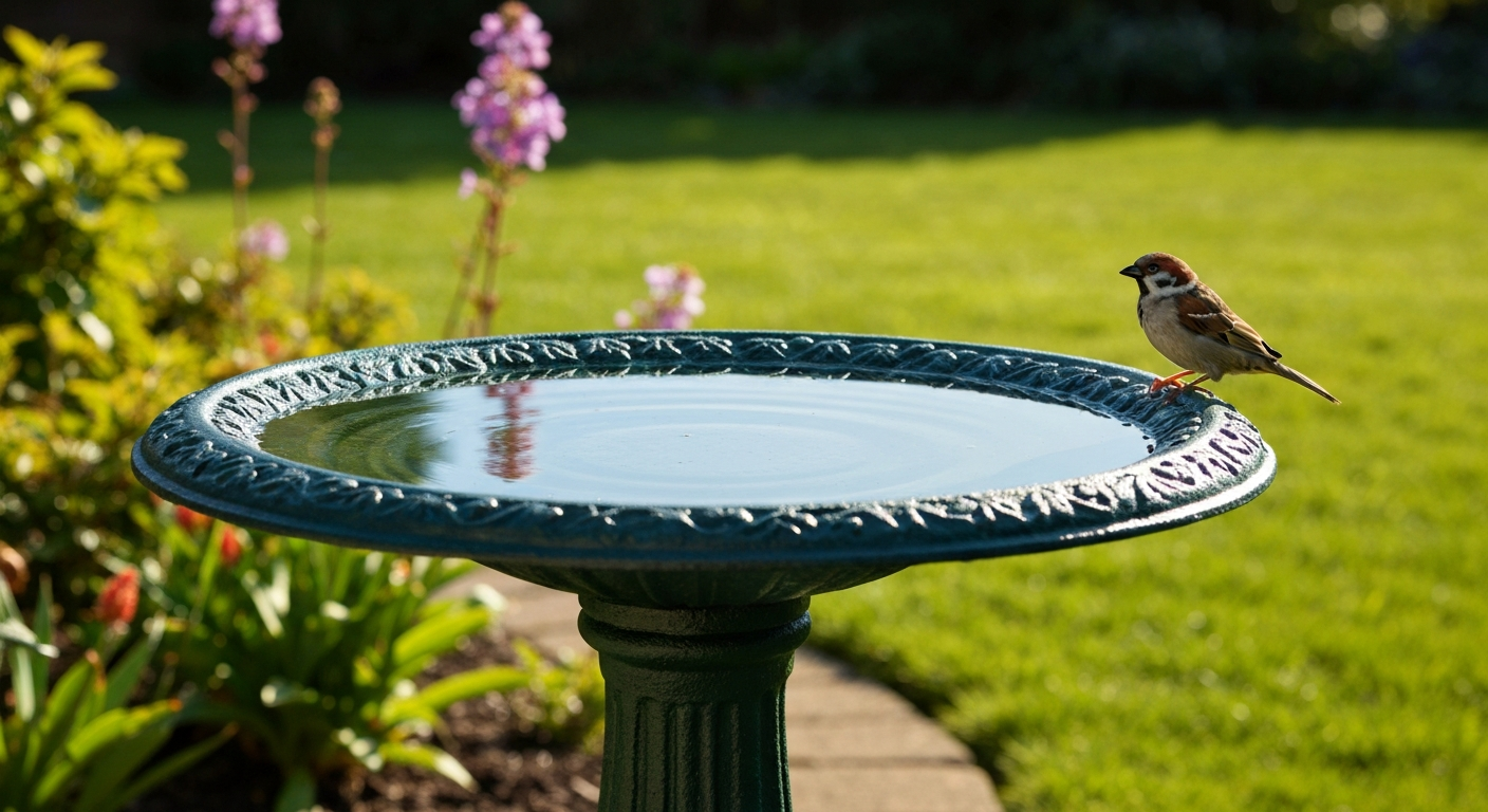 Restored cast iron bird bath in a sunny garden, filled with water and a bird on the rim.