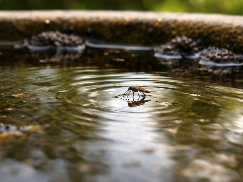 Macro close-up of a mosquito on still bird-bath water with floating debris and egg-mass-like clumps