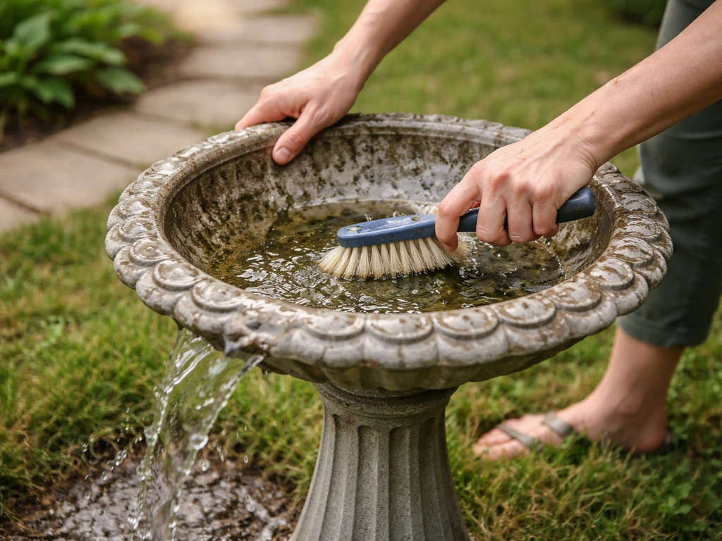 Hands empty a bird bath and scrub its basin walls with a brush in a backyard.