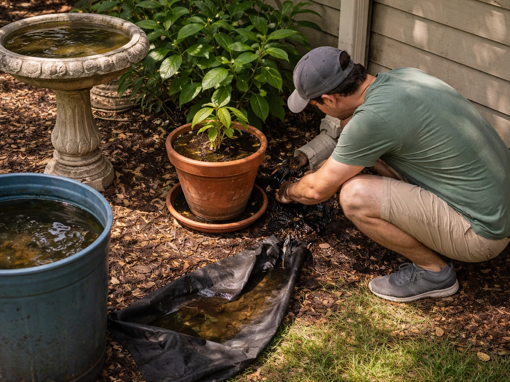 Backyard weekly scan: crouched homeowner checks bucket, clogged gutter, plant saucer, and tarp puddle for mosquitoes.