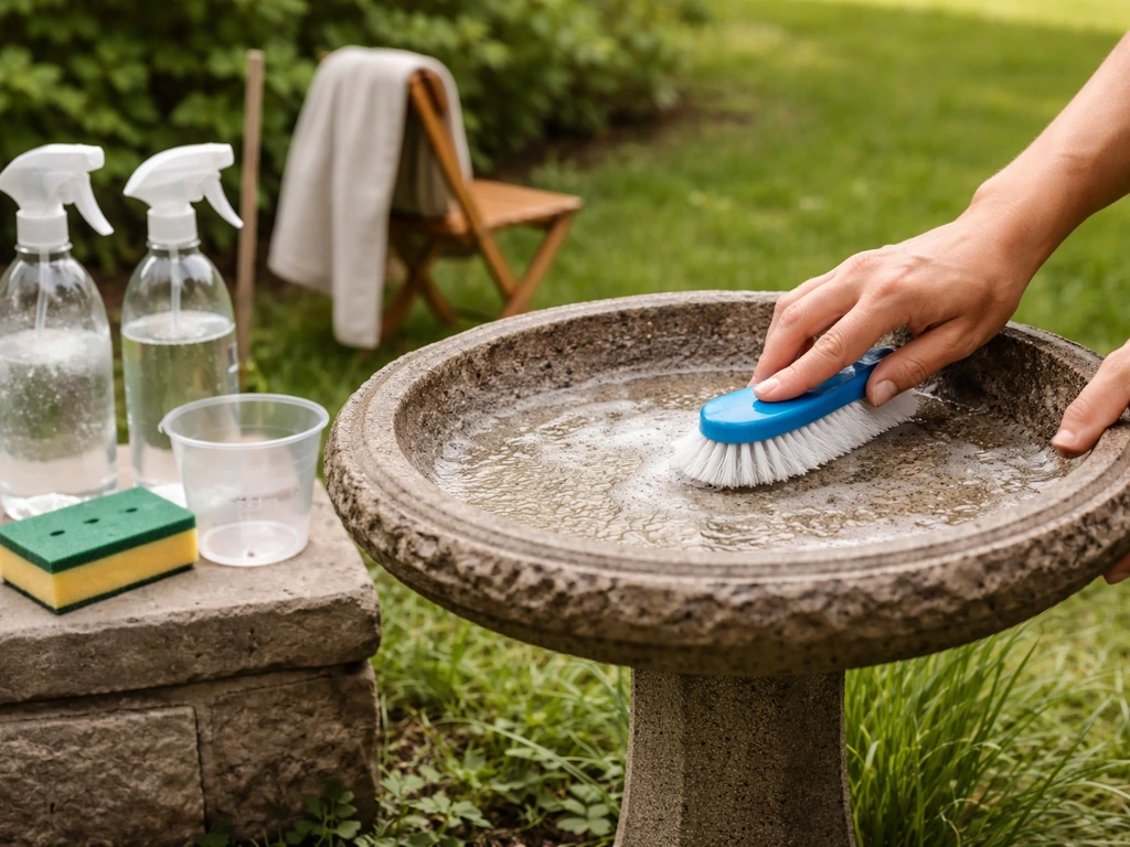 Hands gently scrub a backyard bird bath with a brush, with diluted cleaning solution and water nearby.