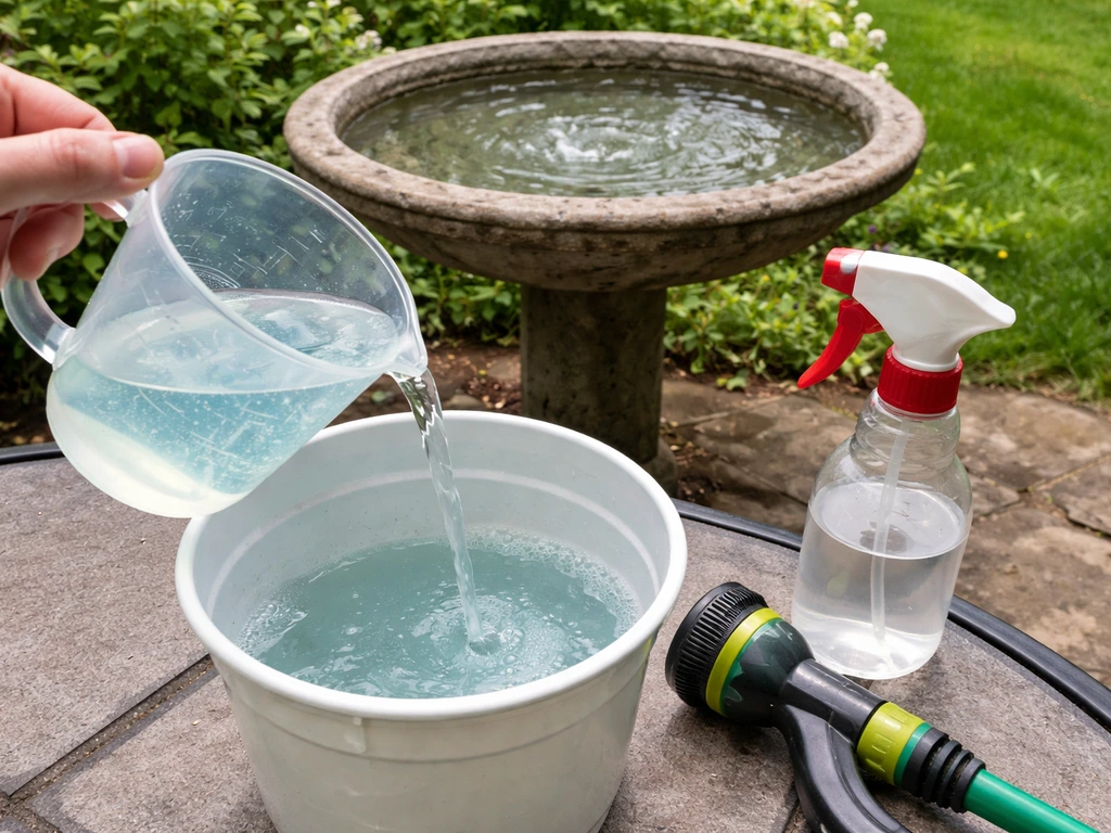 Measuring cup pouring diluted bleach into a rinse setup near a clean outdoor bird bath.