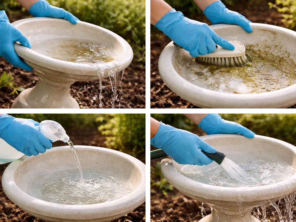 Gloved hands emptying, scrubbing, applying diluted bleach, and rinsing an outdoor bird bath