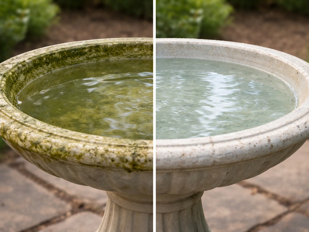 Bird bath filled with water before and after algae removal using a non-bleach cleaner