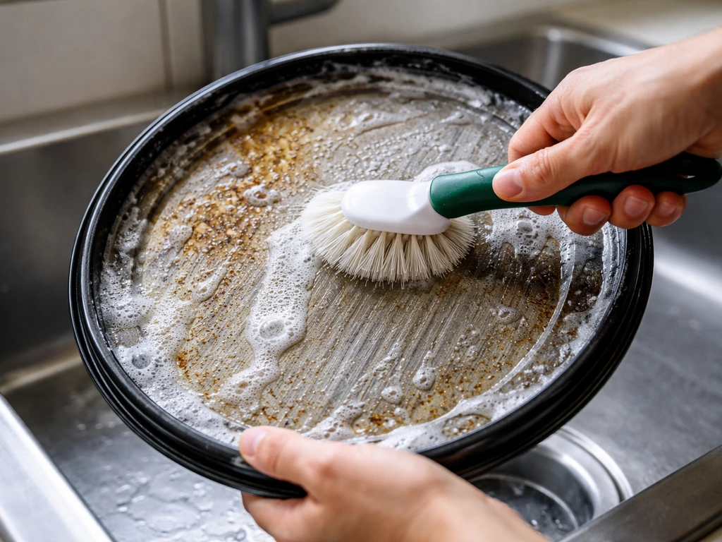 Hands scrubbing the inside of a trash can lid with hot soapy water using a stiff brush