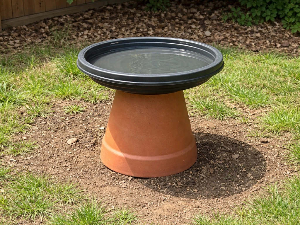 Large terracotta pot upside down used as a stand holding a trash can lid basin outdoors.