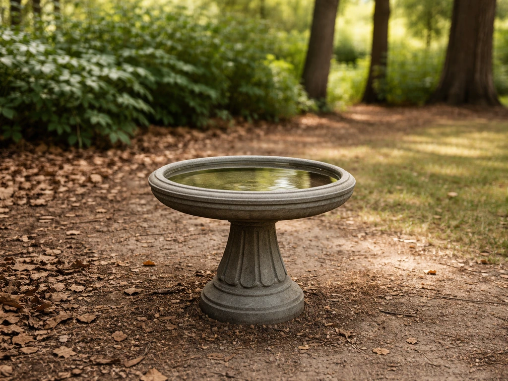 Backyard bird bath in dappled shade, with nearby shrubs and trees about 10–15 feet away.