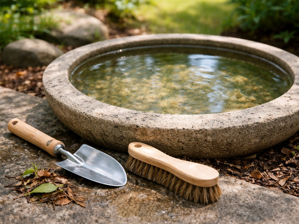 Clean bird-bath basin with removed debris and a hose sprayer, showing algae-free water