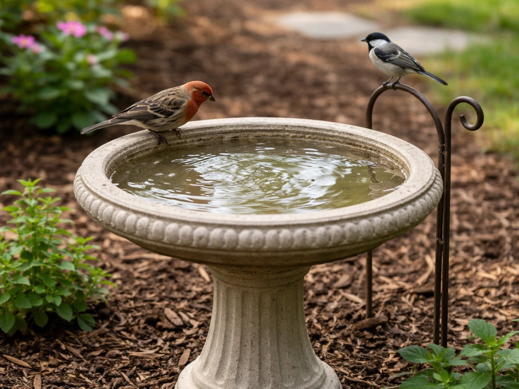 Finished pedestal bird bath with shallow water in a backyard garden, small birds perched nearby.