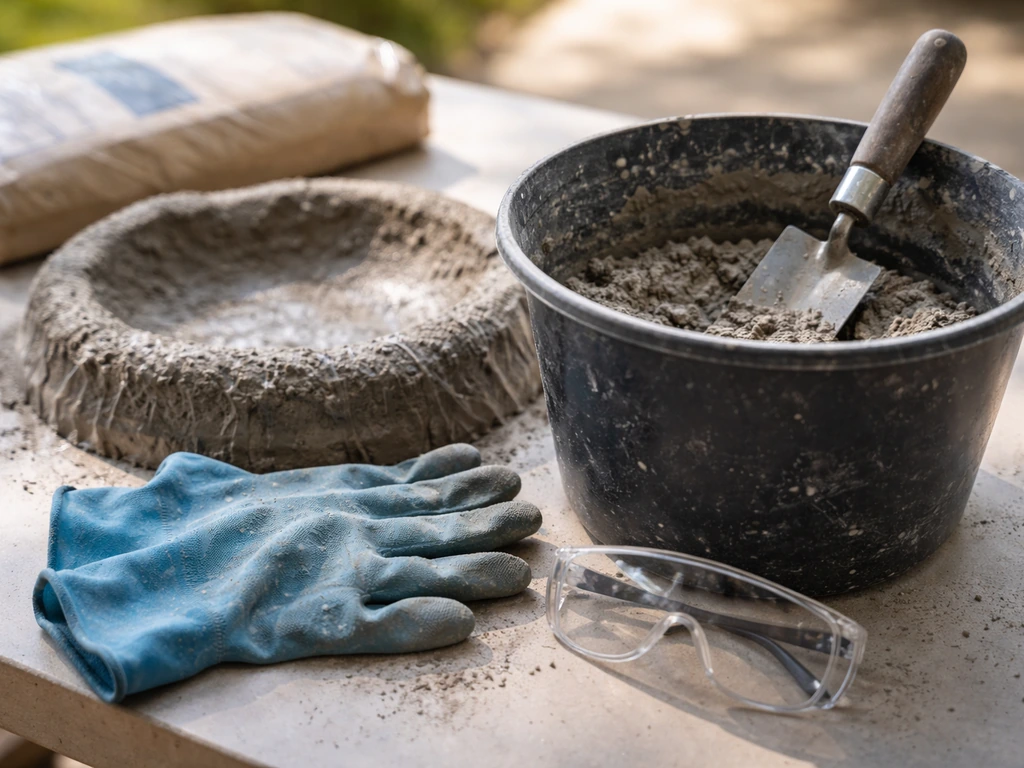 Close-up of rubber gloves, safety glasses, and mixing tools beside concrete/hypertufa bird bath materials.