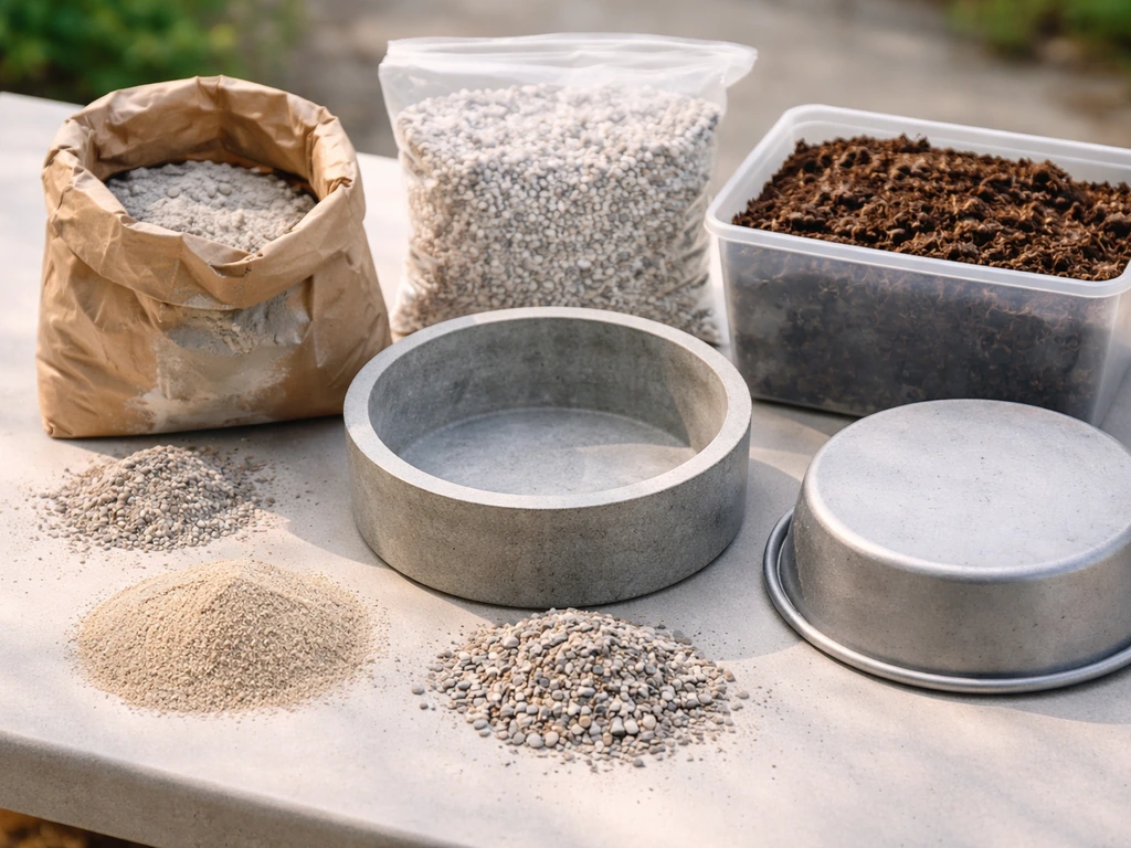 Bird-safe hypertufa supplies: cement, perlite, peat moss, sand/gravel, and a bowl/cake-pan mold on a table.